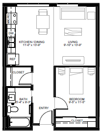 Floor plan for 1 bed, 1 bath, 630 sqft